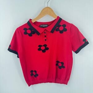 Over Kleshas Red Knit Floral Polo Sweater Women’s L/XL Y2K Mod Retro Top